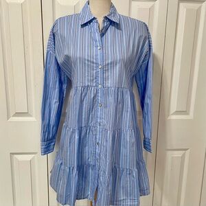 Pomander Place Light Blue and White Striped Tiered Skirt Shirt Dress